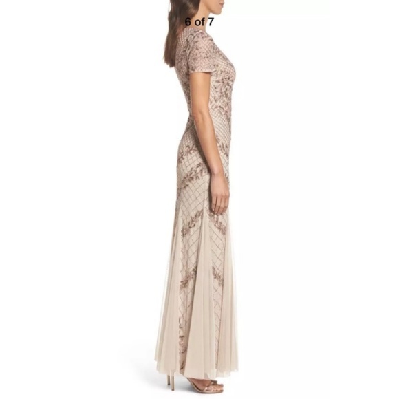 NWT $379 Adrianna Papell Beaded‎ Mesh Mermaid Gown Floral Biscotti [SZ 8 ] - Picture 5 of 12